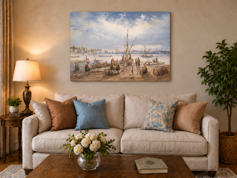 Landscape Oil Painting - Harbor Market Scene