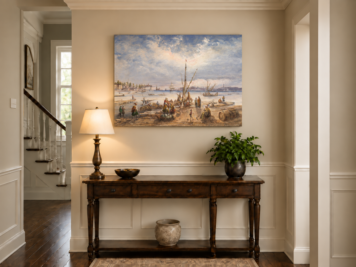 Landscape Oil Painting - Harbor Market Scene