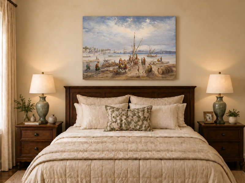 Landscape Oil Painting - Harbor Market Scene