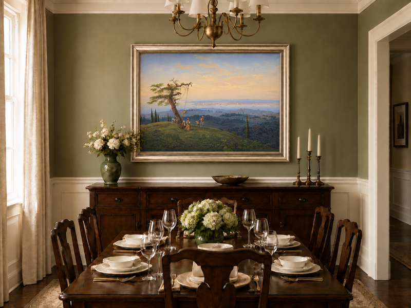 Peinture à l'huile de paysage - Colline exotique, balançoire et côte