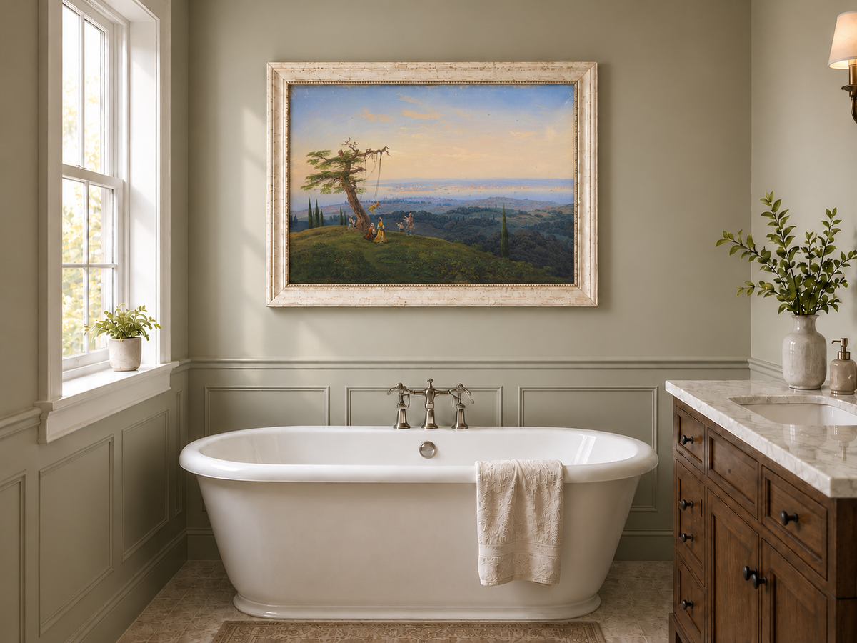 Peinture à l'huile de paysage - Colline exotique, balançoire et côte