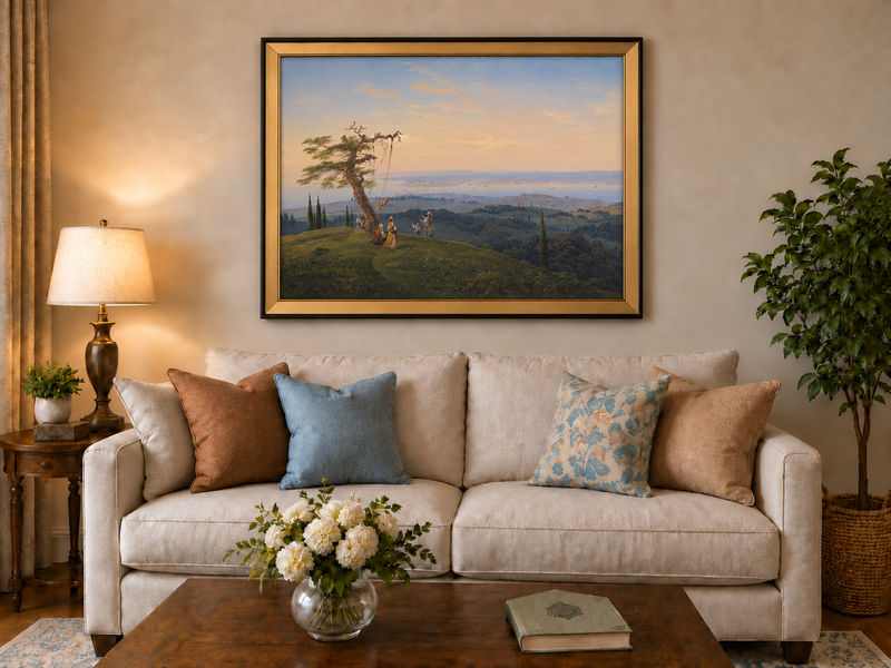 Peinture à l'huile de paysage - Colline exotique, balançoire et côte