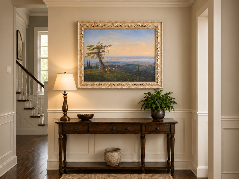 Peinture à l'huile de paysage - Colline exotique, balançoire et côte