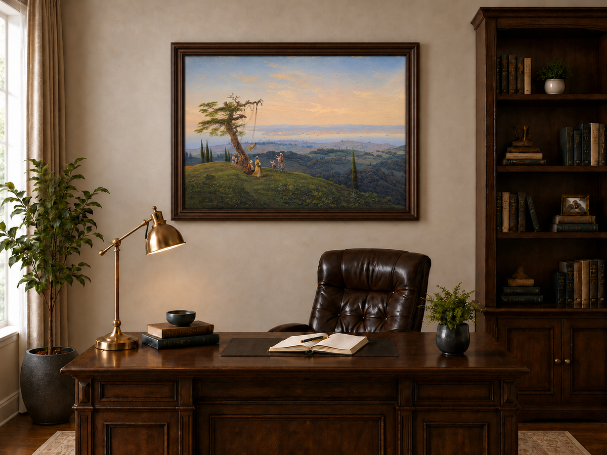 Peinture à l'huile de paysage - Colline exotique, balançoire et côte