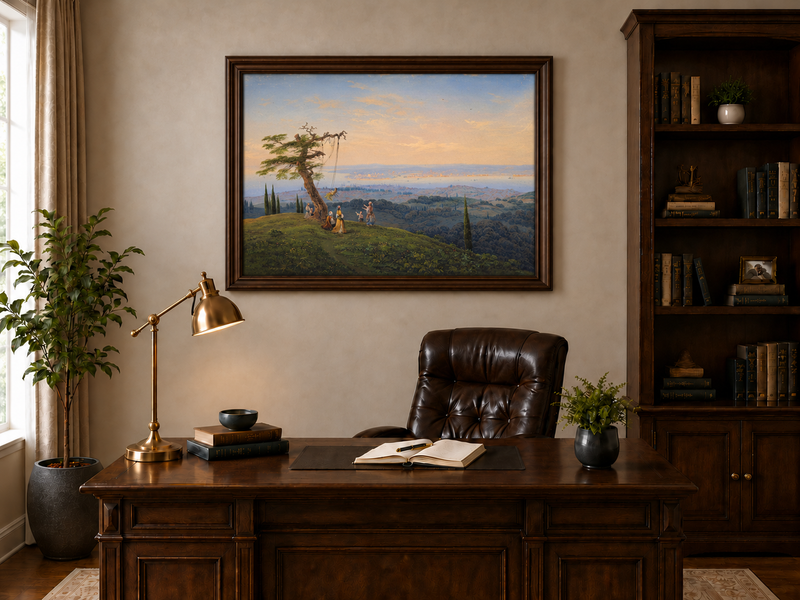 Peinture à l'huile de paysage - Colline exotique, balançoire et côte