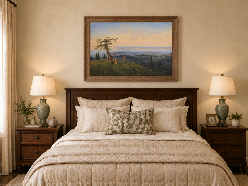 Peinture à l'huile de paysage - Colline exotique, balançoire et côte