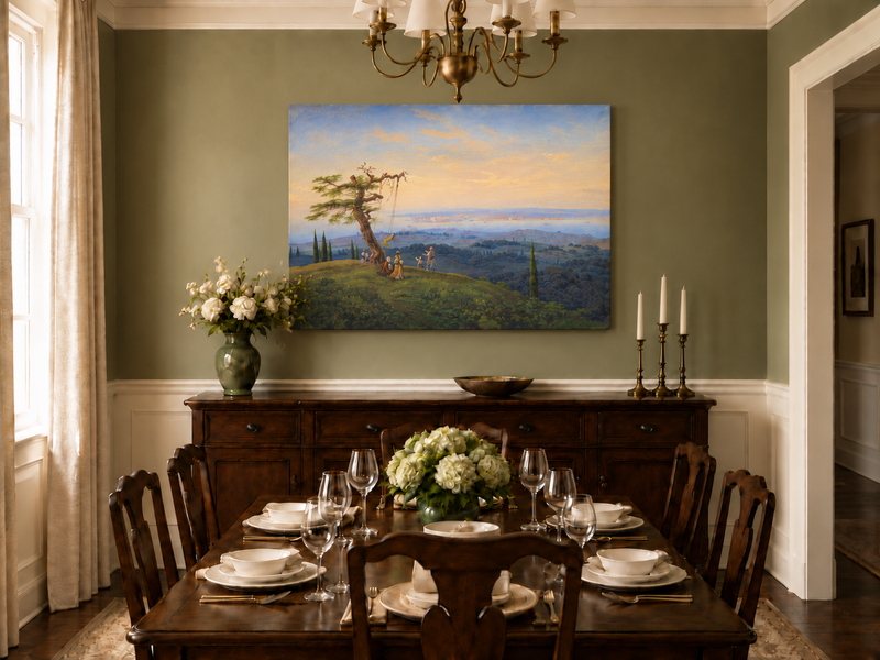 Peinture à l'huile de paysage - Colline exotique, balançoire et côte