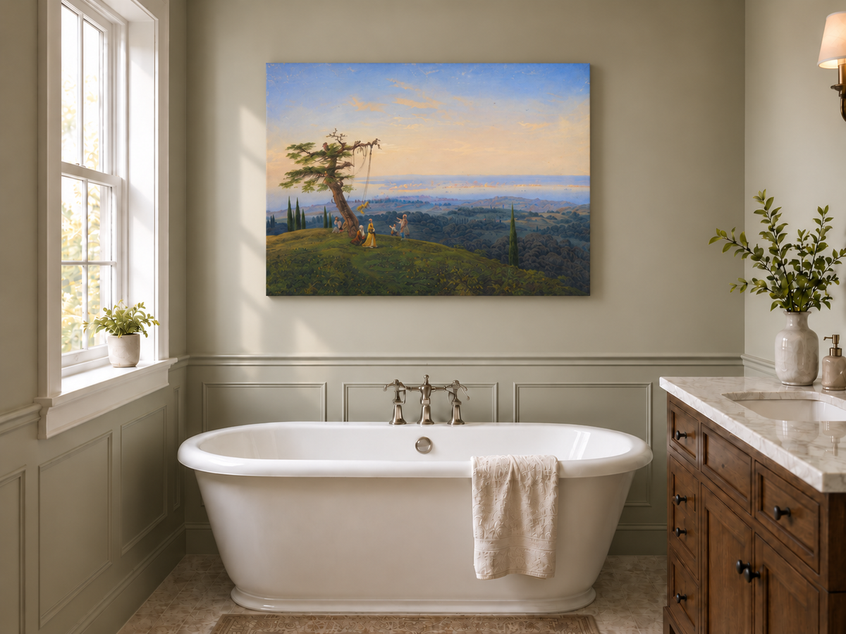 Peinture à l'huile de paysage - Colline exotique, balançoire et côte