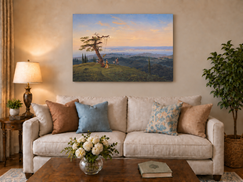 Peinture à l'huile de paysage - Colline exotique, balançoire et côte