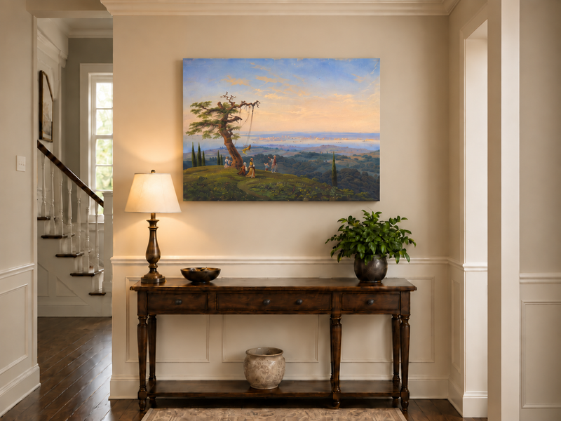 Peinture à l'huile de paysage - Colline exotique, balançoire et côte