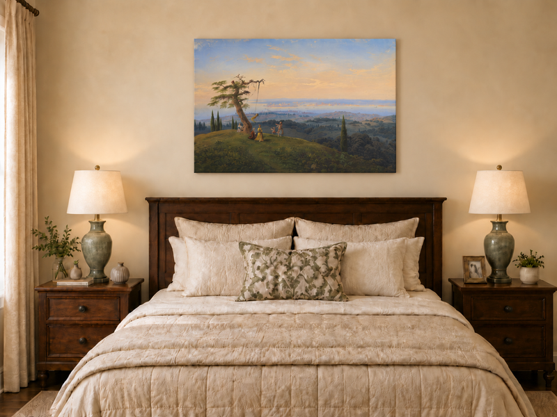 Peinture à l'huile de paysage - Colline exotique, balançoire et côte