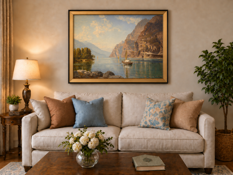 Peinture à l'huile de paysage - Lac de montagne avec bateau