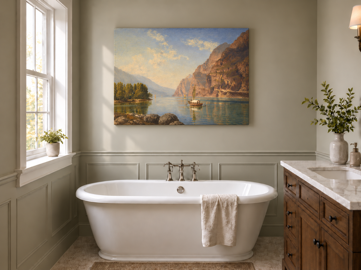 Peinture à l'huile de paysage - Lac de montagne avec bateau