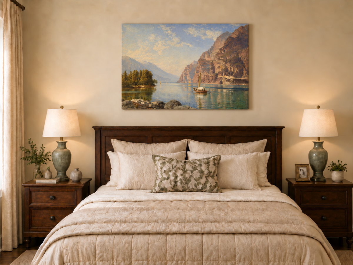 Peinture à l'huile de paysage - Lac de montagne avec bateau