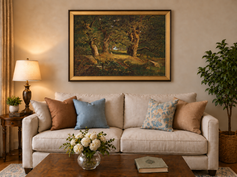 Peinture à l'huile de paysage - Forêt ancienne : Chênes noueux et éclairés par le soleil