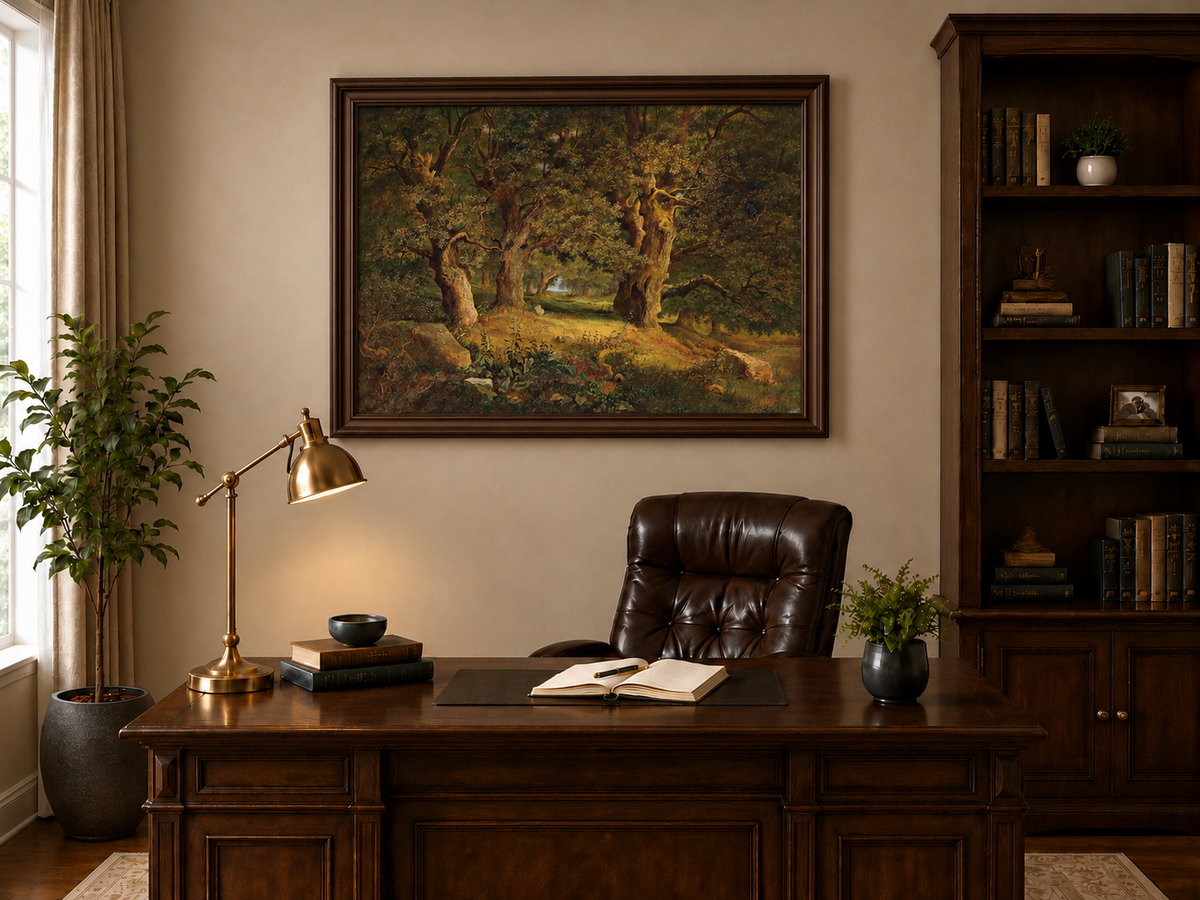 Peinture à l'huile de paysage - Forêt ancienne : Chênes noueux et éclairés par le soleil