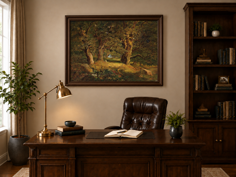 Peinture à l'huile de paysage - Forêt ancienne : Chênes noueux et éclairés par le soleil