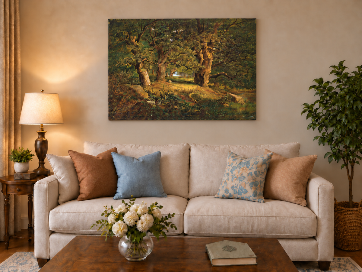 Peinture à l'huile de paysage - Forêt ancienne : Chênes noueux et éclairés par le soleil