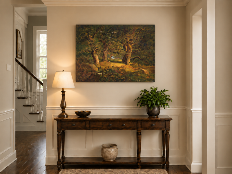 Peinture à l'huile de paysage - Forêt ancienne : Chênes noueux et éclairés par le soleil