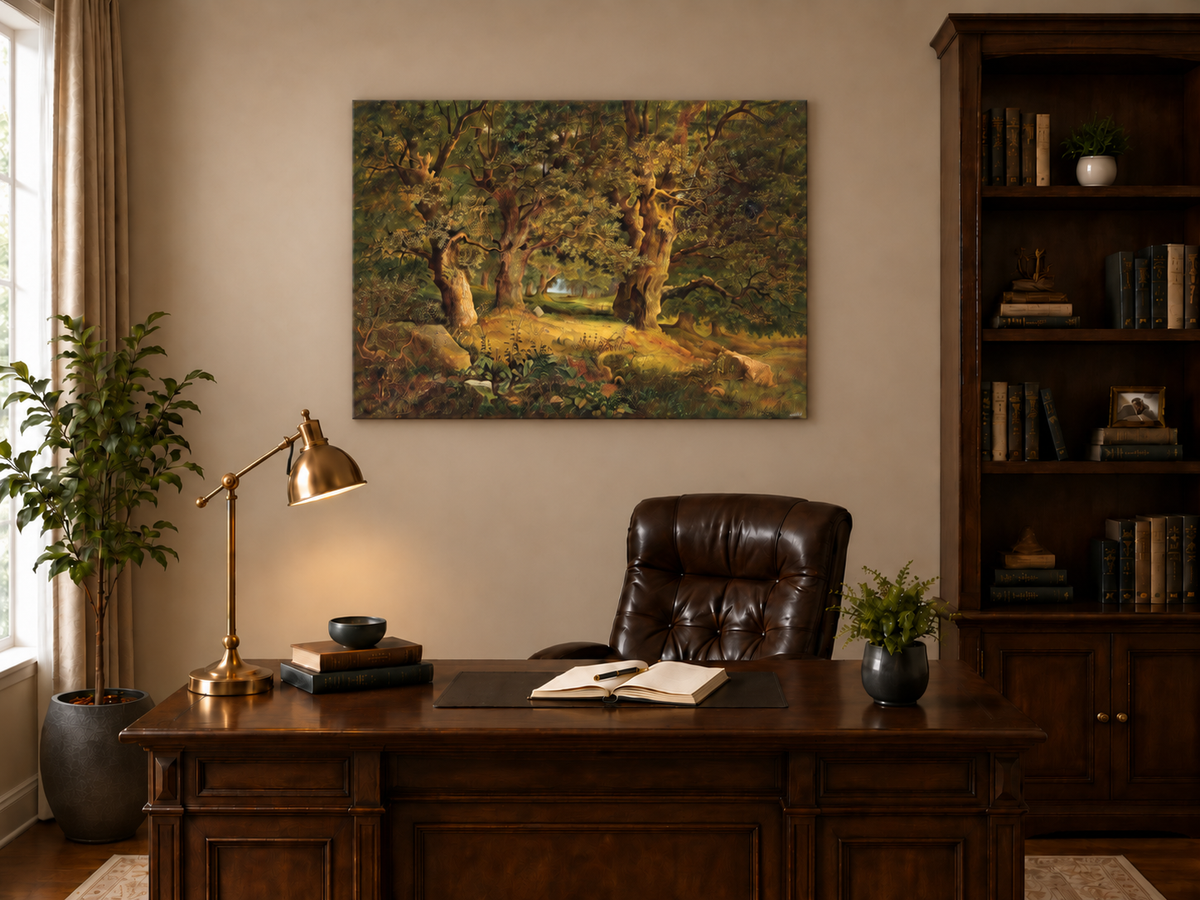Peinture à l'huile de paysage - Forêt ancienne : Chênes noueux et éclairés par le soleil