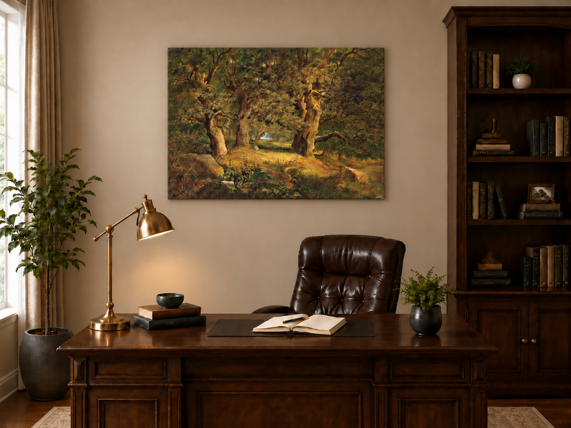 Peinture à l'huile de paysage - Forêt ancienne : Chênes noueux et éclairés par le soleil