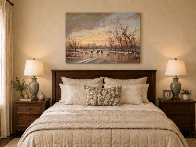 Landscape Oil Painting - Winter Ice | Skating at Sunset