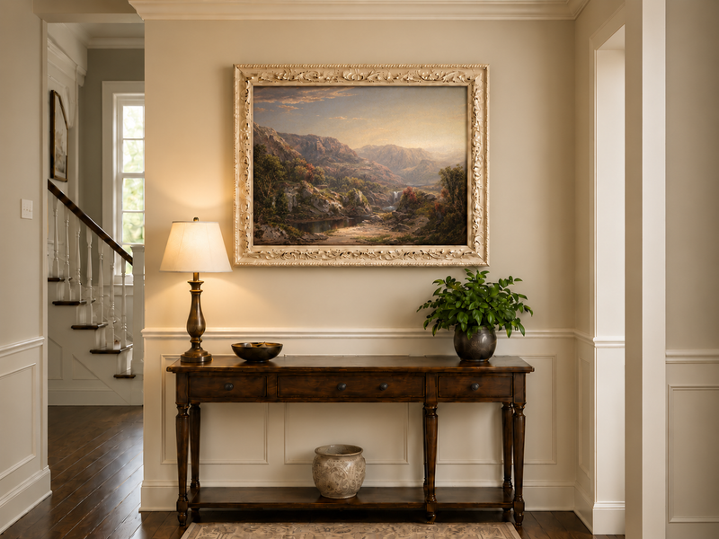 Pintura al óleo de paisaje: valle montañoso con niebla y cascada