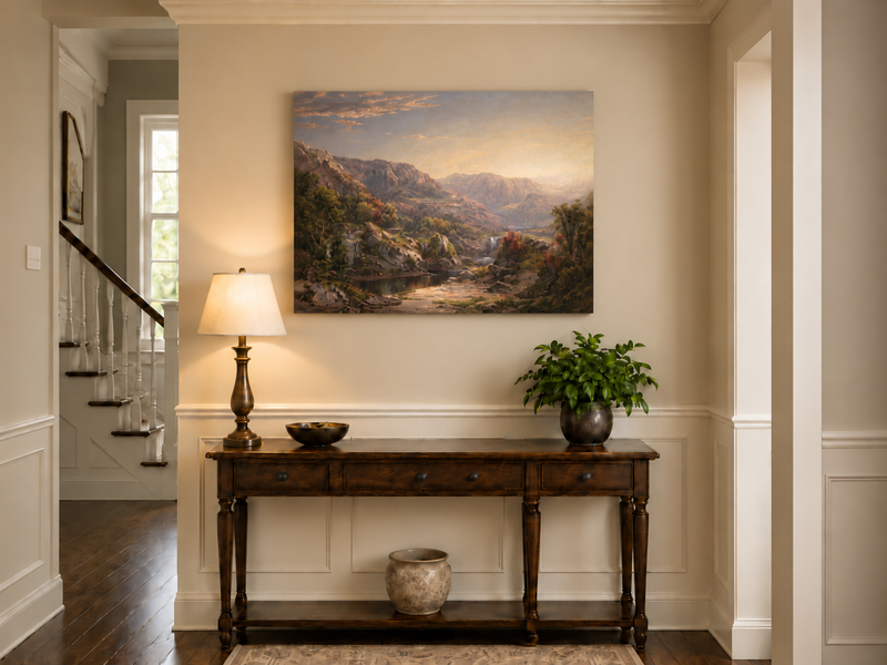 Pintura al óleo de paisaje: valle montañoso con niebla y cascada