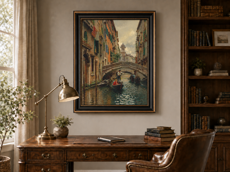 Ölgemälde Landschaft - Venezianischer Kanal unter Steinbrücke Boote