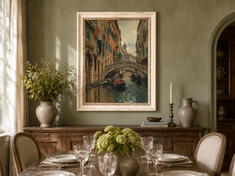 Ölgemälde Landschaft - Venezianischer Kanal unter Steinbrücke Boote