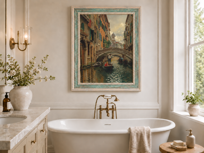Ölgemälde Landschaft - Venezianischer Kanal unter Steinbrücke Boote