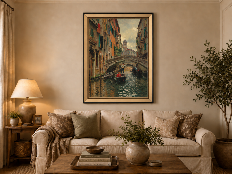 Ölgemälde Landschaft - Venezianischer Kanal unter Steinbrücke Boote
