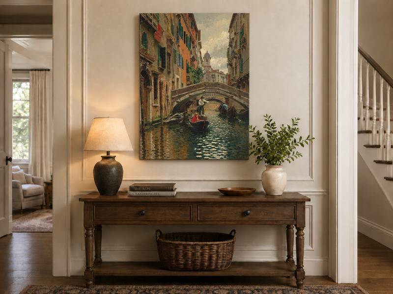 Ölgemälde Landschaft - Venezianischer Kanal unter Steinbrücke Boote