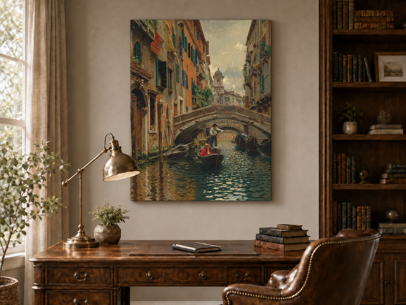 Ölgemälde Landschaft - Venezianischer Kanal unter Steinbrücke Boote