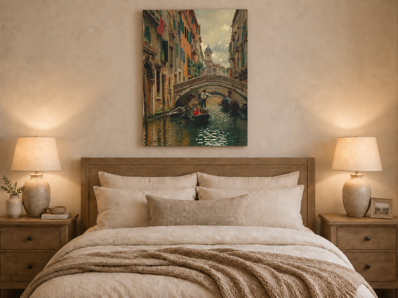 Ölgemälde Landschaft - Venezianischer Kanal unter Steinbrücke Boote