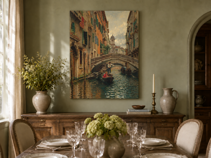 Ölgemälde Landschaft - Venezianischer Kanal unter Steinbrücke Boote