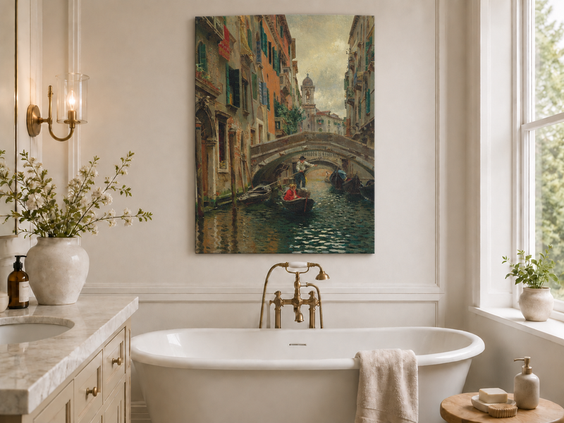 Ölgemälde Landschaft - Venezianischer Kanal unter Steinbrücke Boote