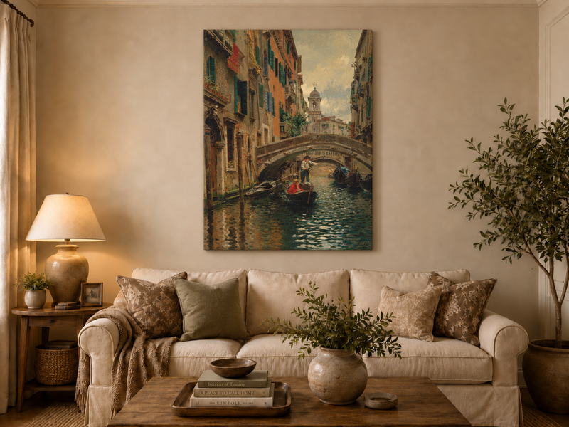 Ölgemälde Landschaft - Venezianischer Kanal unter Steinbrücke Boote