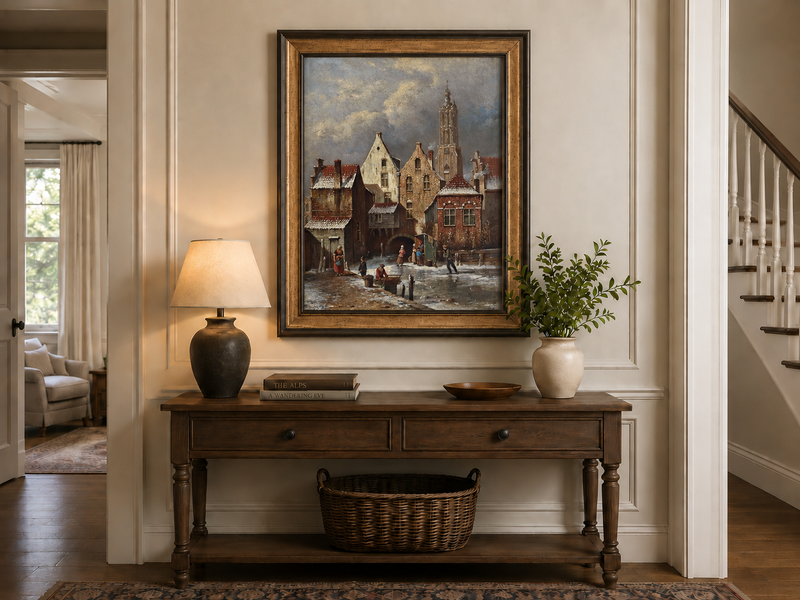 Landscape Oil Painting - Winter European Canal Scene with Figures