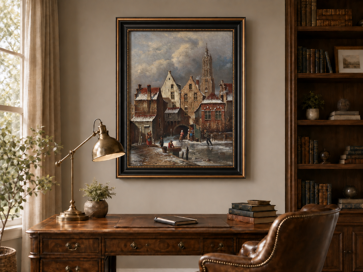 Landscape Oil Painting - Winter European Canal Scene with Figures