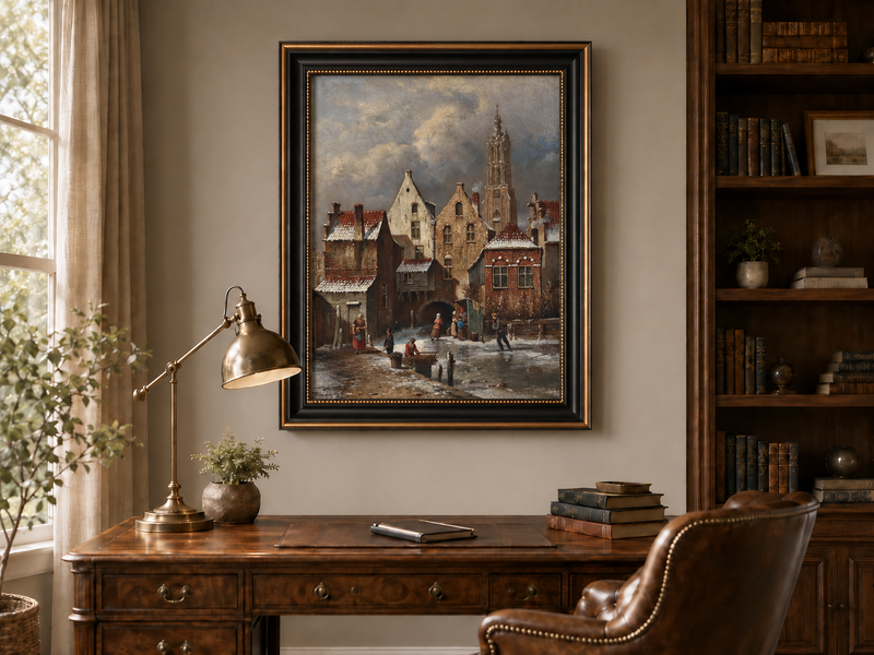 Landscape Oil Painting - Winter European Canal Scene with Figures