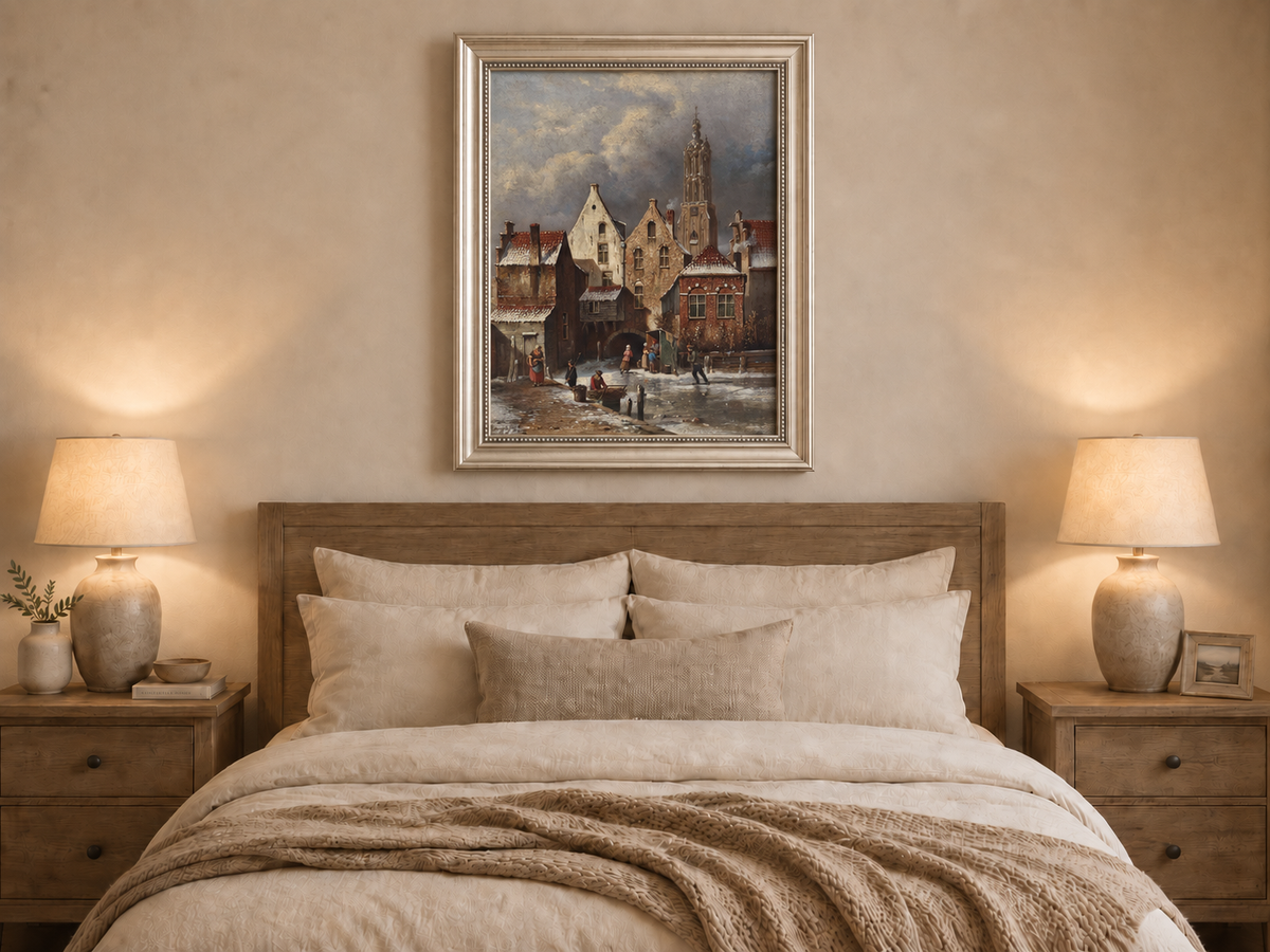 Landscape Oil Painting - Winter European Canal Scene with Figures