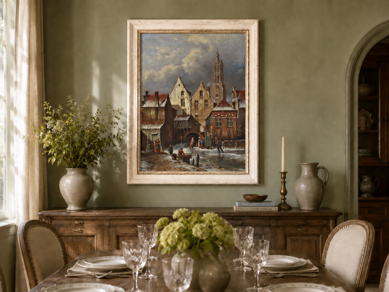 Landscape Oil Painting - Winter European Canal Scene with Figures