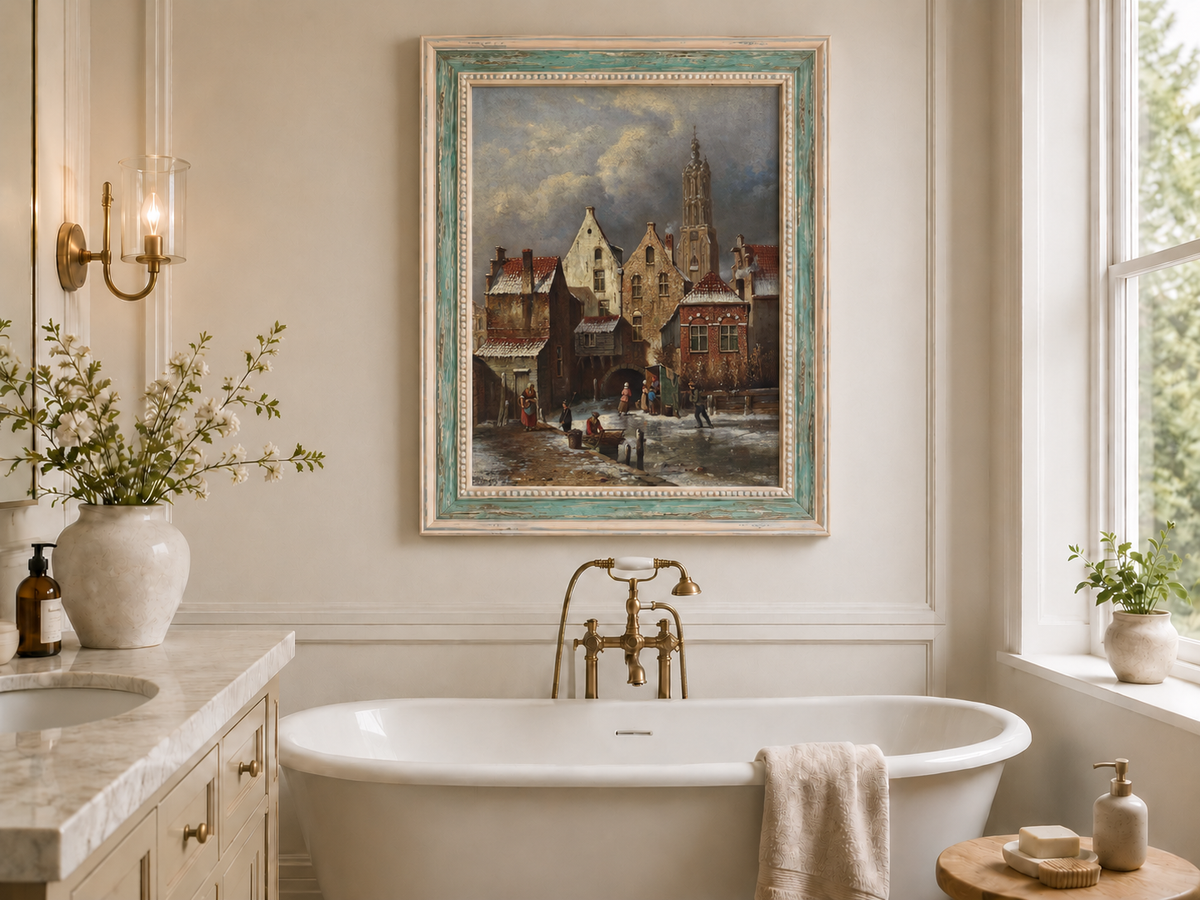 Landscape Oil Painting - Winter European Canal Scene with Figures