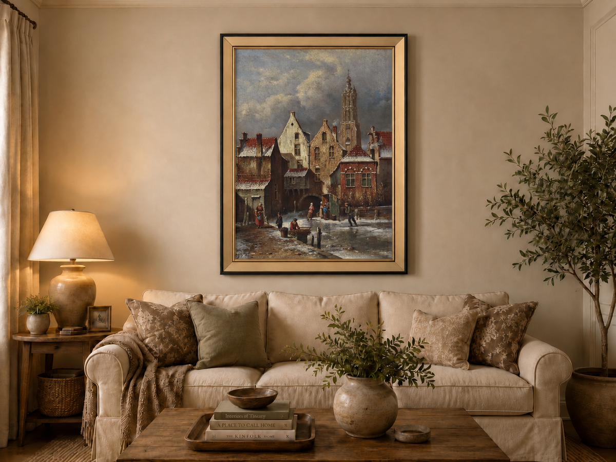 Landscape Oil Painting - Winter European Canal Scene with Figures