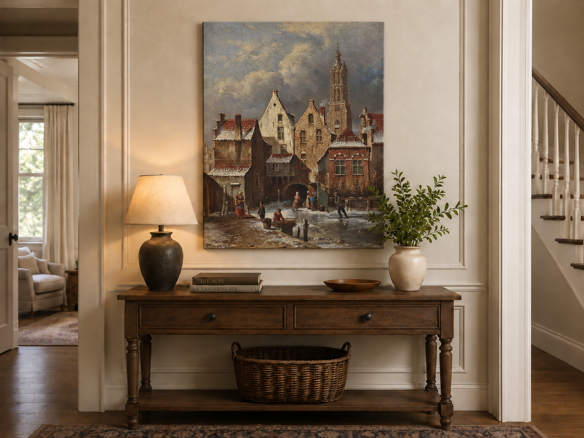 Landscape Oil Painting - Winter European Canal Scene with Figures