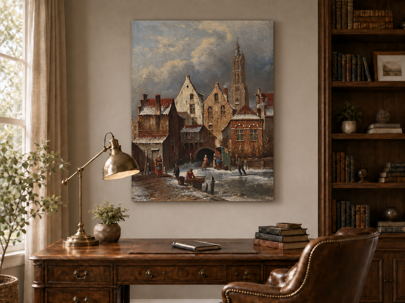 Landscape Oil Painting - Winter European Canal Scene with Figures