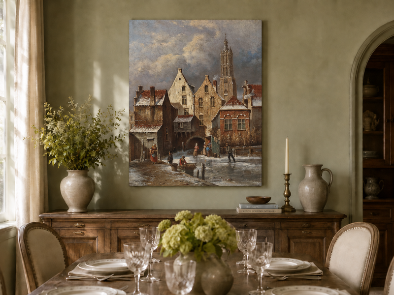 Landscape Oil Painting - Winter European Canal Scene with Figures