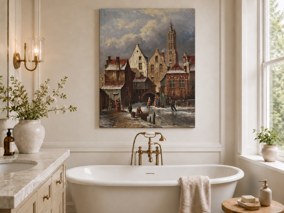 Landscape Oil Painting - Winter European Canal Scene with Figures
