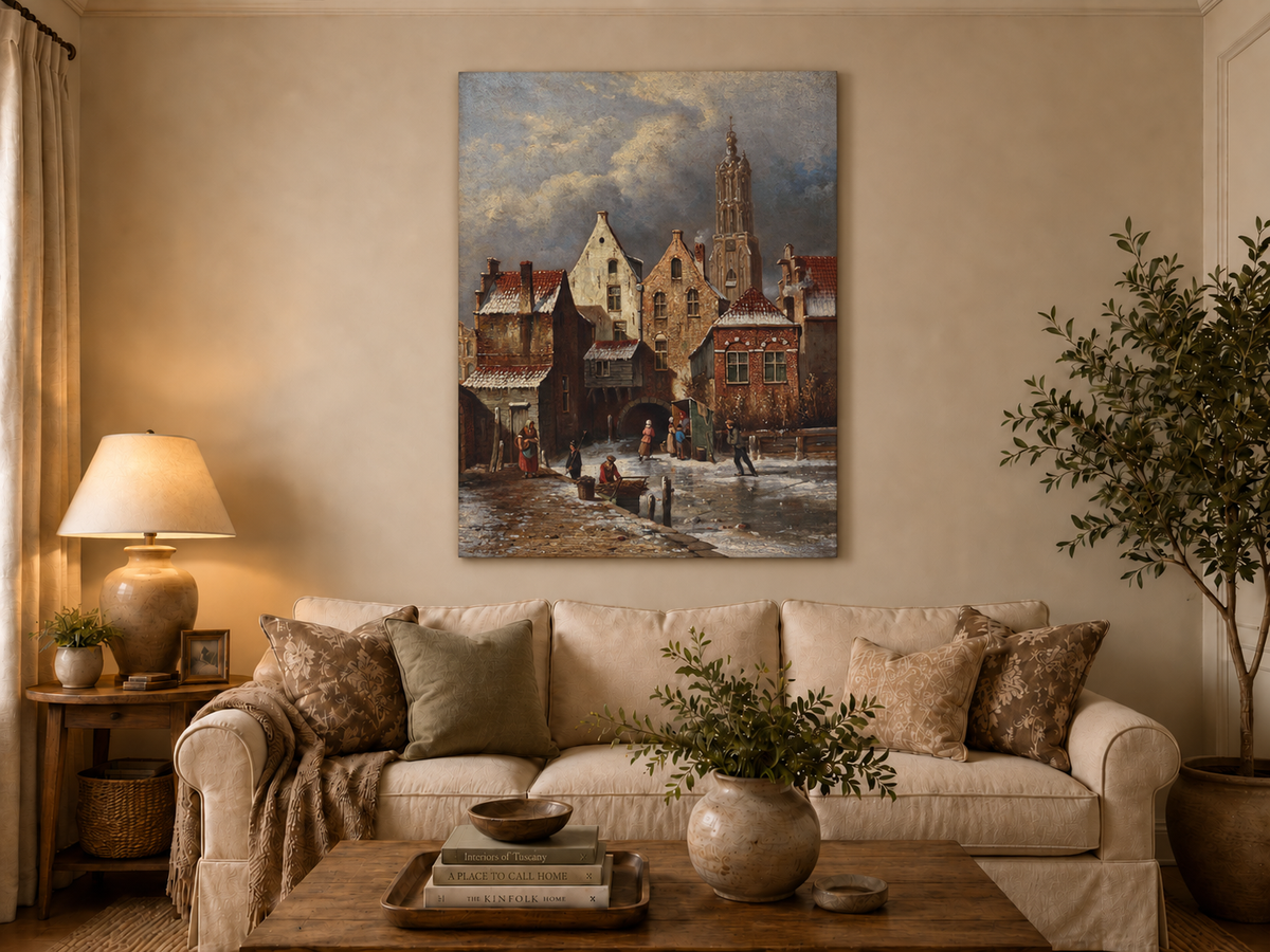 Landscape Oil Painting - Winter European Canal Scene with Figures